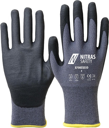 Handschuhe 8700ESD3D Gr8 grau/schwarz EN 388/EN 407/EN 16350 PSA II NITRAS - VPE: 12