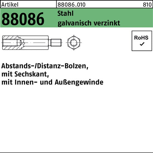 Sechskantabstandsbolzen R 88086 M4x 60/8 Innen/Außengew Stahl gal Zn 100St - VPE: 100