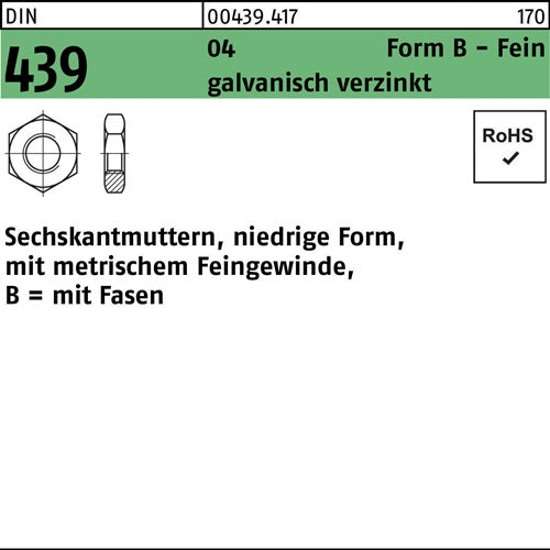Sechskantmutter DIN 439 Form B BM 30 x 15 Automatenstahl galvanisch verzinkt 25 Stück