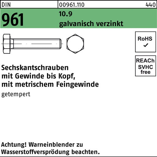 Sechskantschraube DIN 961 VG M 14 x15 x 45 109 galvanisch verzinkt 50 Stück