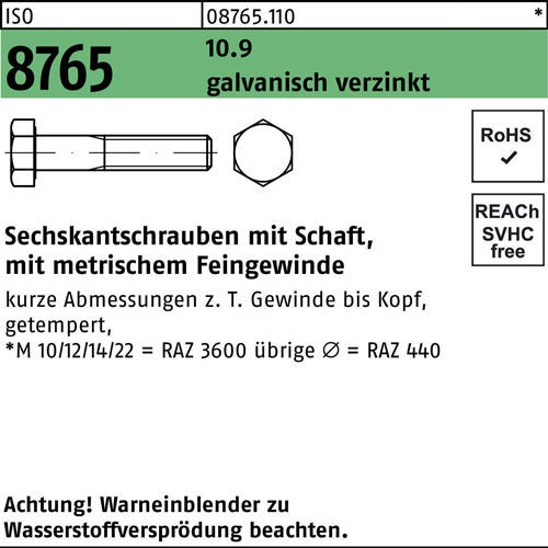 Sechskantschraube ISO 8765 Schaft M20x15x120 109 galvverz 10St - VPE: 10