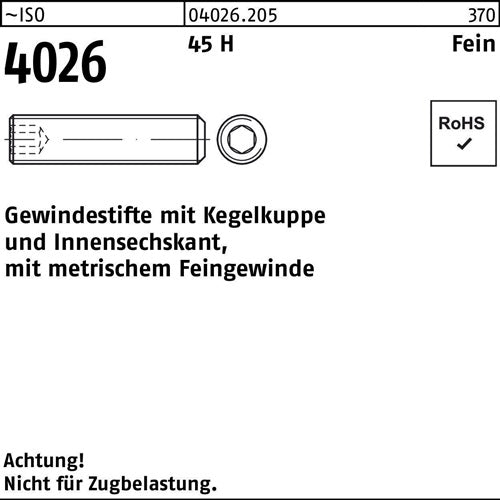 Gewindestift ISO 4026 Kegelkuppe/Innen-6kt M10x 125x 8 45 H 200 Stück - VPE: 200