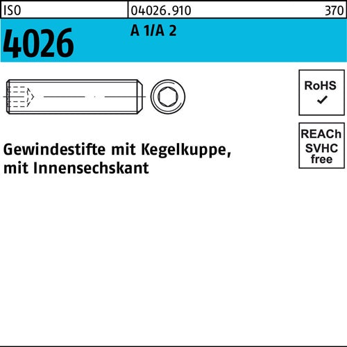 Gewindestift ISO 4026 Kegelkuppe/Innen-6kt M16x 80 A 1/A 2 10 Stück - VPE: 10