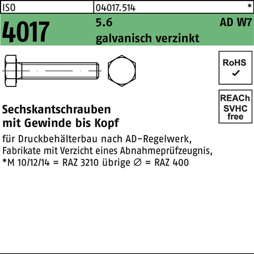 Sechskantschraube ISO 4017 VG M16x 70 56 AD W7 galvverz 25 Stück - VPE: 25