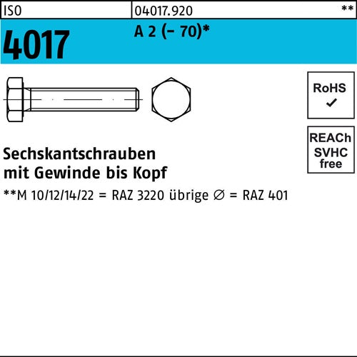 Sechskantschraube ISO 4017 VG M14x 130 A 2 (- 70) 25 Stück - VPE: 25