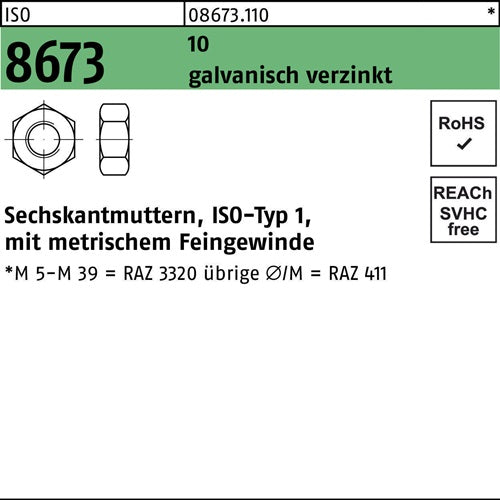 Sechskantmutter ISO 8673 M14x 15 10 galvverz 100 Stück - VPE: 100