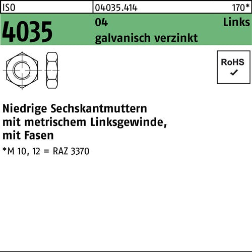 Sechskantmutter ISO 4035 niedrig Fasen links M16 Automatenstahl galvverz 50St - VPE: 50