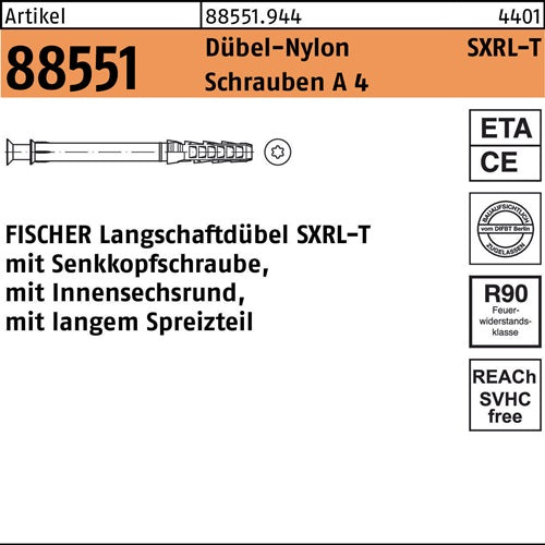 Langschaftdübel R 88551 SXRL 8x 80 T Schrauben A 4/Dübel-Nylon 50 Stück FISCHER - VPE: 50