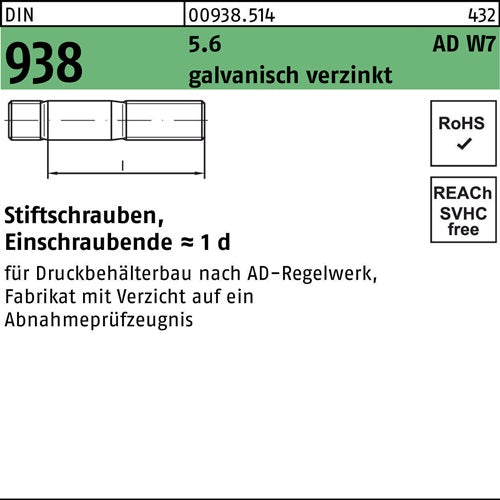 Stiftschraube DIN 938 M 16 x 65 56 galvanisch verzinkt 25 Stück