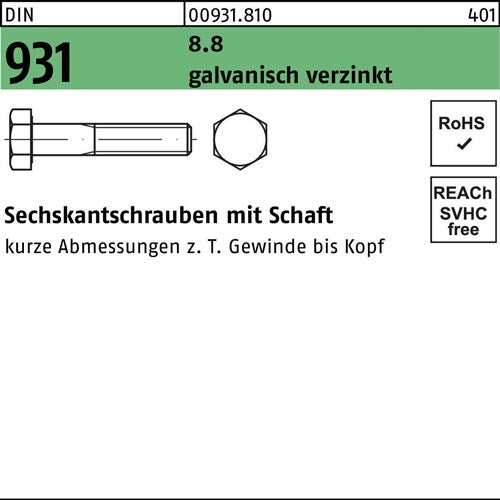 Sechskantschraube DIN 931 mSchaft M 14 x 50 88 galvanisch verzinkt 100 Stück