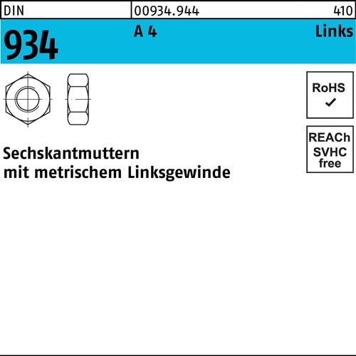 Sechskantmutter DIN 934 links M 22 -LH A 4 (- 70) 10 Stück
