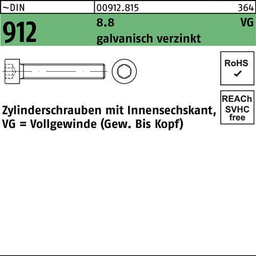 Zylinderschraube DIN 912 Innen-6kt VG M8x70 88 galvverz 200St - VPE: 200