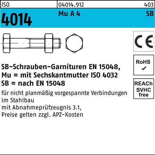 Sechskantschraube ISO 4014 mSchaft/Mutter M 20 x 90 A 4 SB 10 Stück