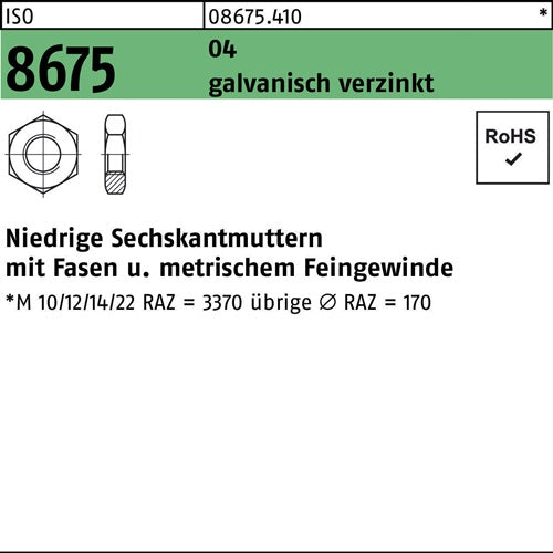 Sechskantmutter ISO 8675 Fasen M14x15 Automatenstahl galvverz 100St - VPE: 100