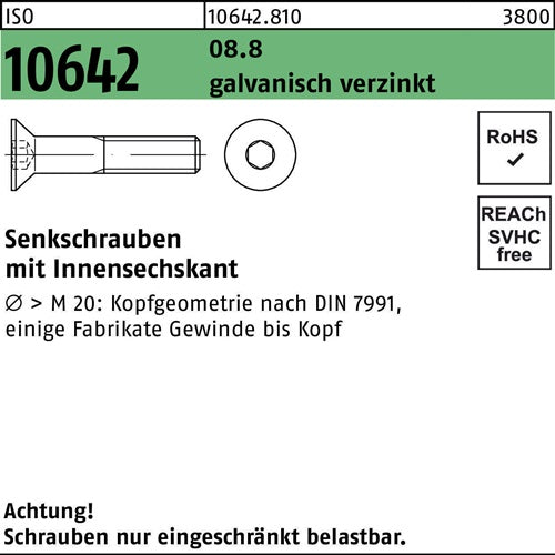 Senkschraube ISO 10642 Innensechskant M 6 x 10 88 galvanisch verzinkt 100 Stück