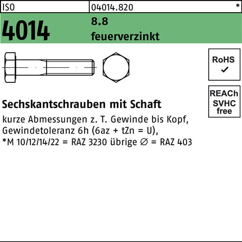 Sechskantschraube ISO 4014 mSchaft M 16 x 80 88 feuerverzinkt 25 Stück