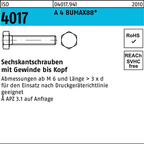 Sechskantschraube ISO 4017 VG M10x 45 A 4 BUMAX88 50 Stück BUFAB - VPE: 50
