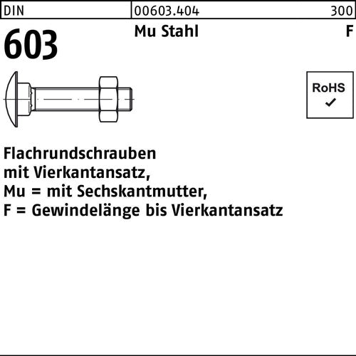 Flachrundschraube DIN 603 mVierkantansatz/6-kantmutter M 8 x 70 Mu Stahl 46 Gewinde bis 4kt 200 Stück