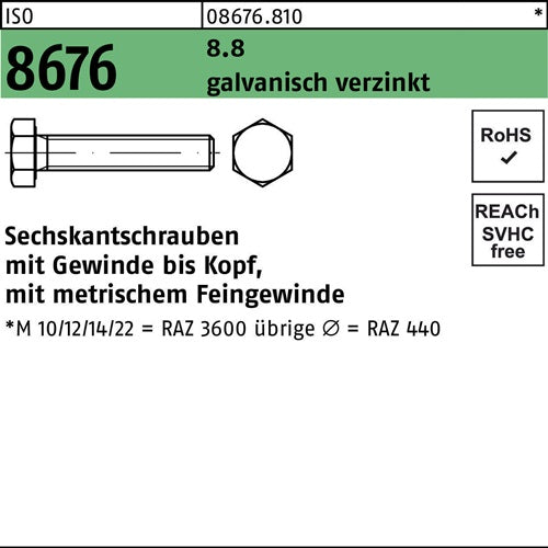 Sechskantschraube ISO 8676 VG M14x15x 40 88 galvverz 100 Stück - VPE: 100