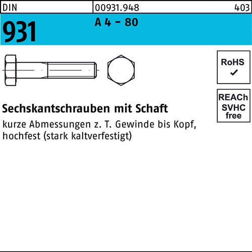 Sechskantschraube DIN 931 mSchaft M 24 x 220 A 4 - 80 5 Stück