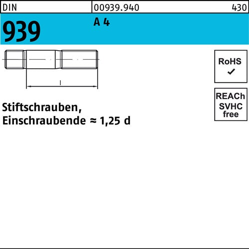 Stiftschraube DIN 939 M 8 x 70 A 4 Einschraubende=125d 25 Stück