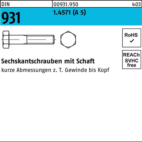 Sechskantschraube DIN 931 Schaft M16x 160 A 5 1 Stück