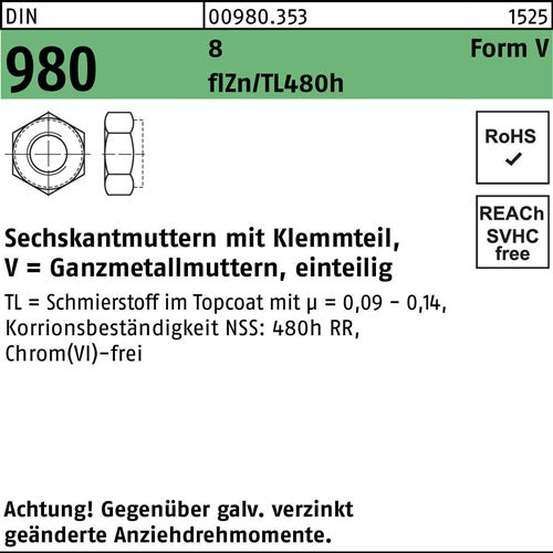 Sechskantmutter DIN 980 mKlemmteil VM 6 8 zinklamellenbes Gleitm flZnnc 480h-L 1000 Stück