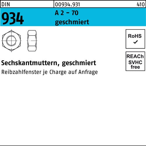 Sechskantmutter DIN 934 M 12 A 2 -70 geschmiert 250 Stück