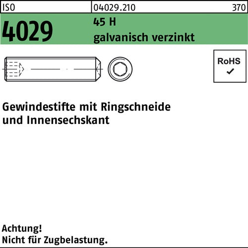 Gewindestift ISO 4029 Ringschneide/Innen-6kt M8x45 45 H galvverz 100St - VPE: 100