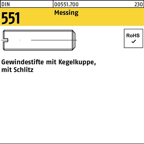 Gewindestift DIN 551 mKegelkuppe/Schlitz M 8 x 25 Messing 100 Stück