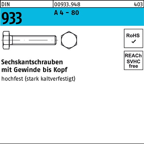Sechskantschraube DIN 933 VG M 12 x 75 A 4 - 80 50 Stück