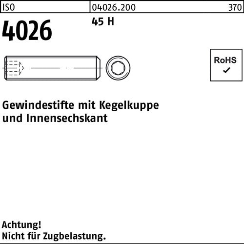 Gewindestift ISO 4026 Kegelkuppe/Innen-6kt M20x 50 45 H 50 Stück - VPE: 50