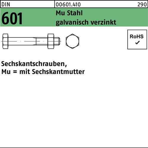 Sechskantschraube DIN 601 mSechskantmutter M 5 x 16 Mu Stahl 46 galvanisch verzinkt 500 Stück