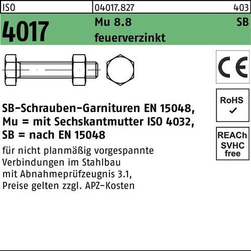 Sechskantschraube ISO 4017 VG Mutter M20x 35 88 feuerverz SB 25 Stück - VPE: 25