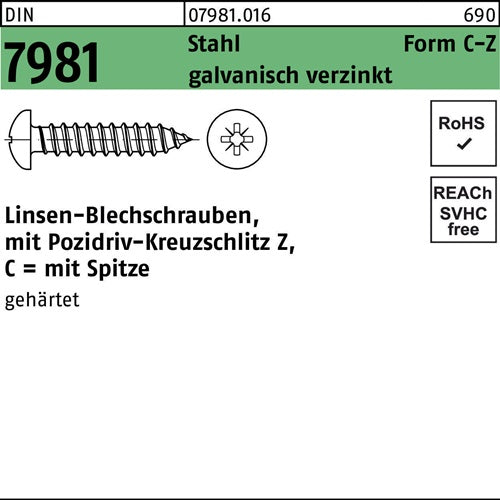 Blechschraube DIN 7981 LIKO PZ 63x 70 -C-Z Stahl galvverz Spitze 250St - VPE: 250