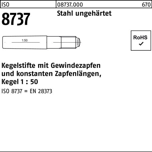 Kegelstift ISO 8737 Gewindezapfen 8x 55 Stahl ungehärtet Kegel 1:50 10 Stück - VPE: 10