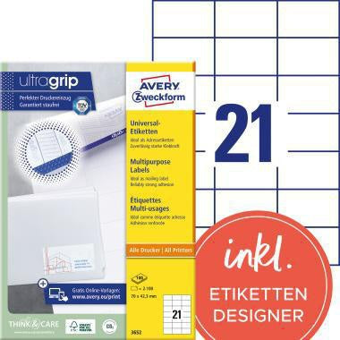 Universaletikett Avery Zweckform ultragrip 70 x 423 mm (B x H) nicht wieder ablösbar Papier weiß 2100 Etik/Pack AVERY