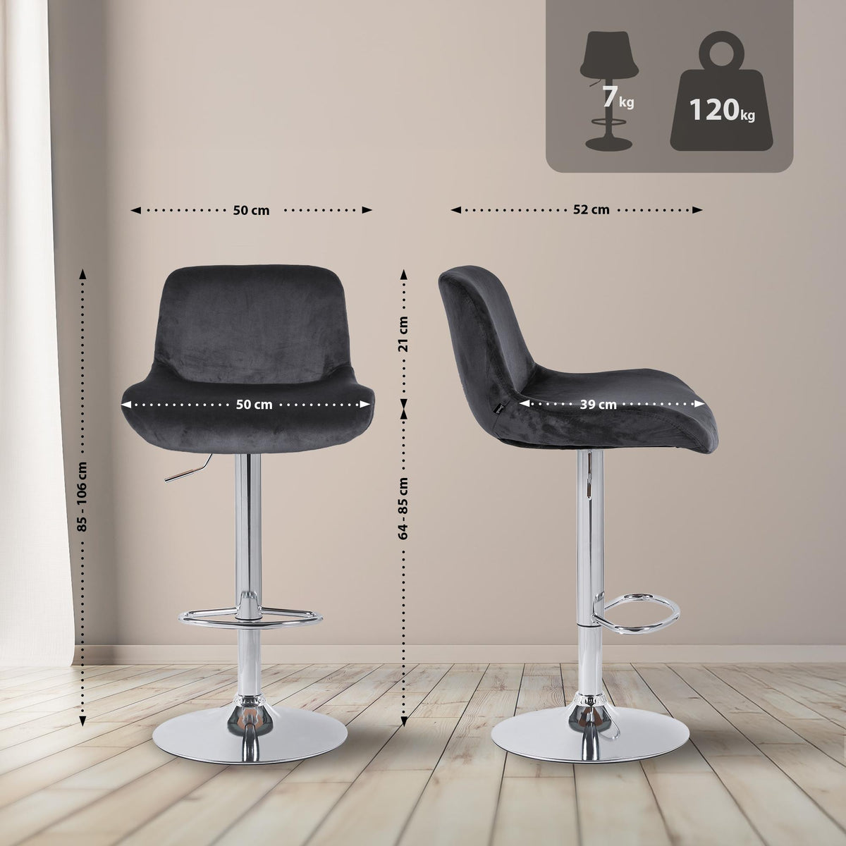 2er Set Barhocker Solon Chrom Samt – Ansicht 9