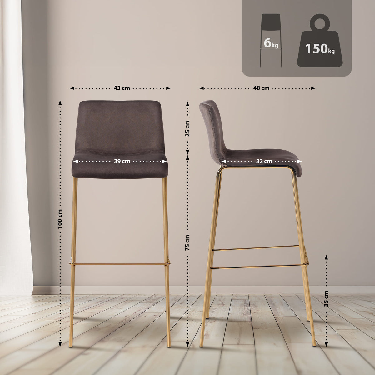 Barhocker Hoover Samt 4-Fuß Gold – Ansicht 2