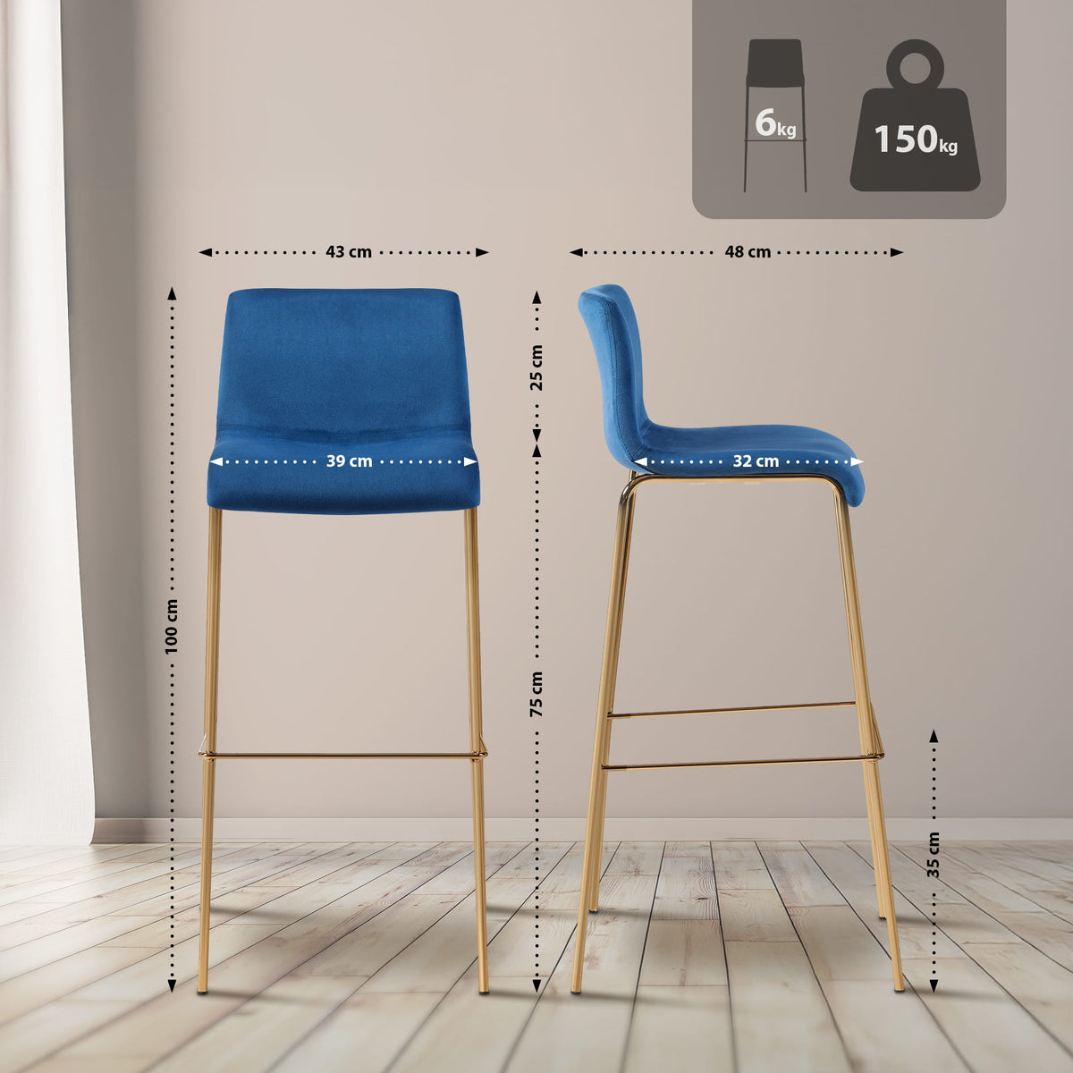 Barhocker Hoover Samt 4-Fuß Gold – Ansicht 9