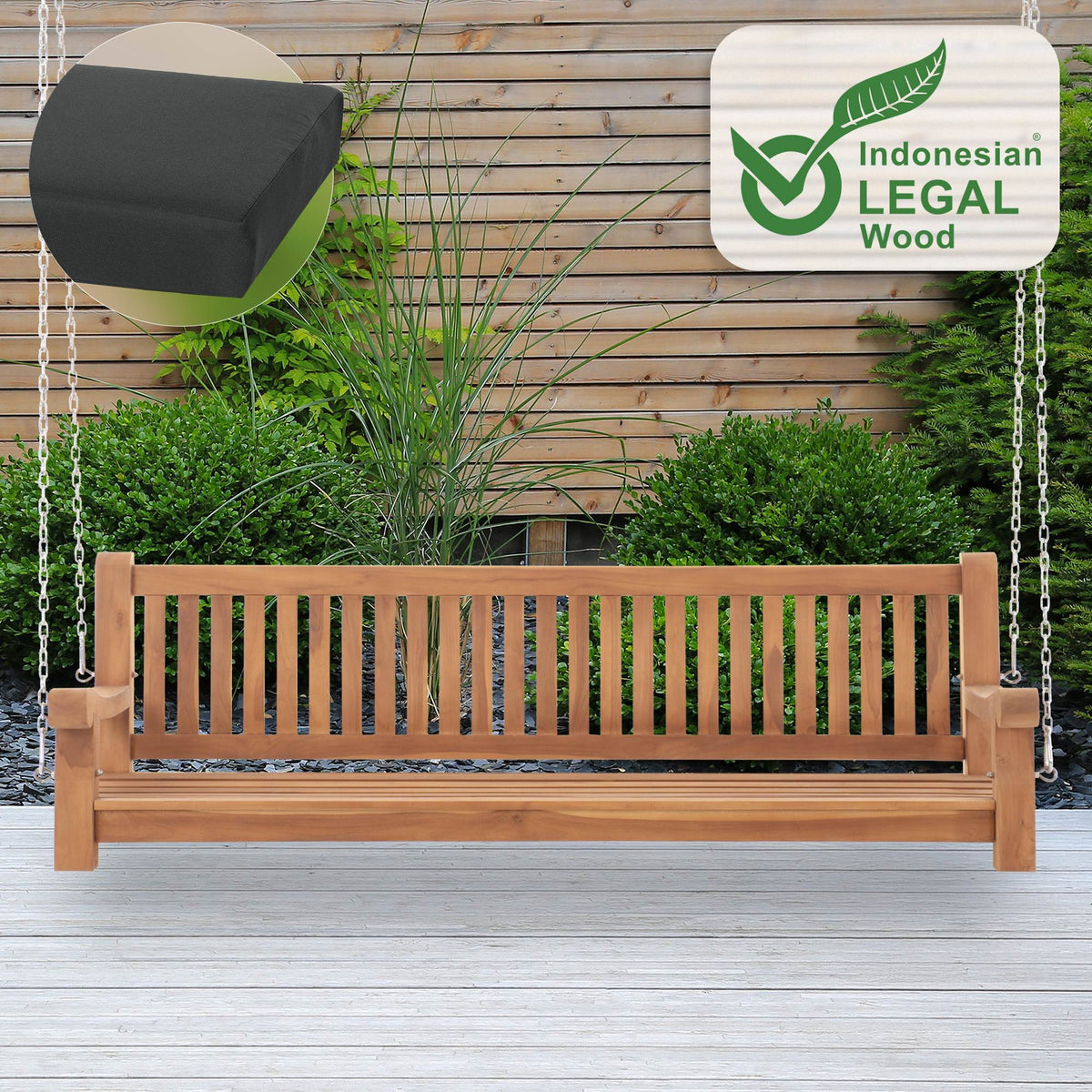 Schaukelbank Joyce mit Sitzkissen 200 cm + teak – Ansicht 9