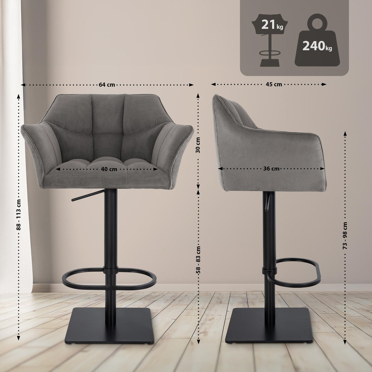 Barhocker Damaso B Cord – Ansicht 11