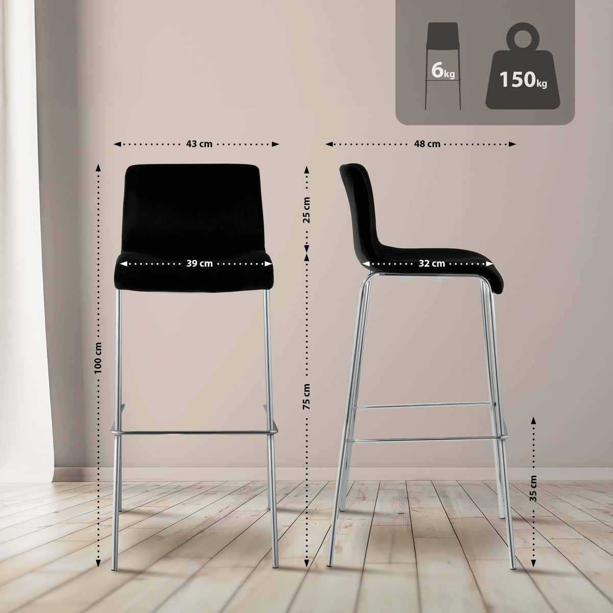 Barhocker Hoover Samt 4-Fuß Chrom – Ansicht 2