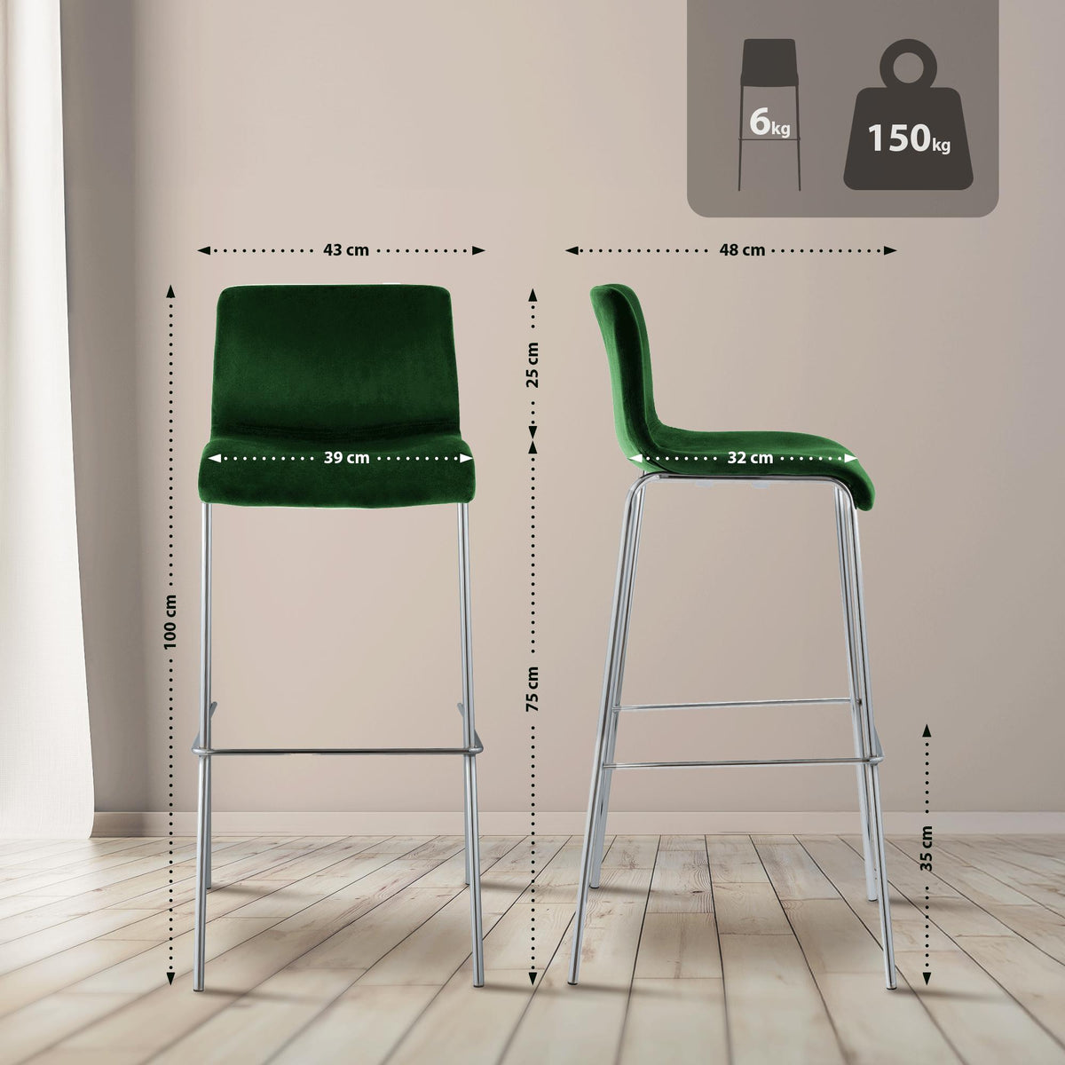 Barhocker Hoover Samt 4-Fuß Chrom – Ansicht 16
