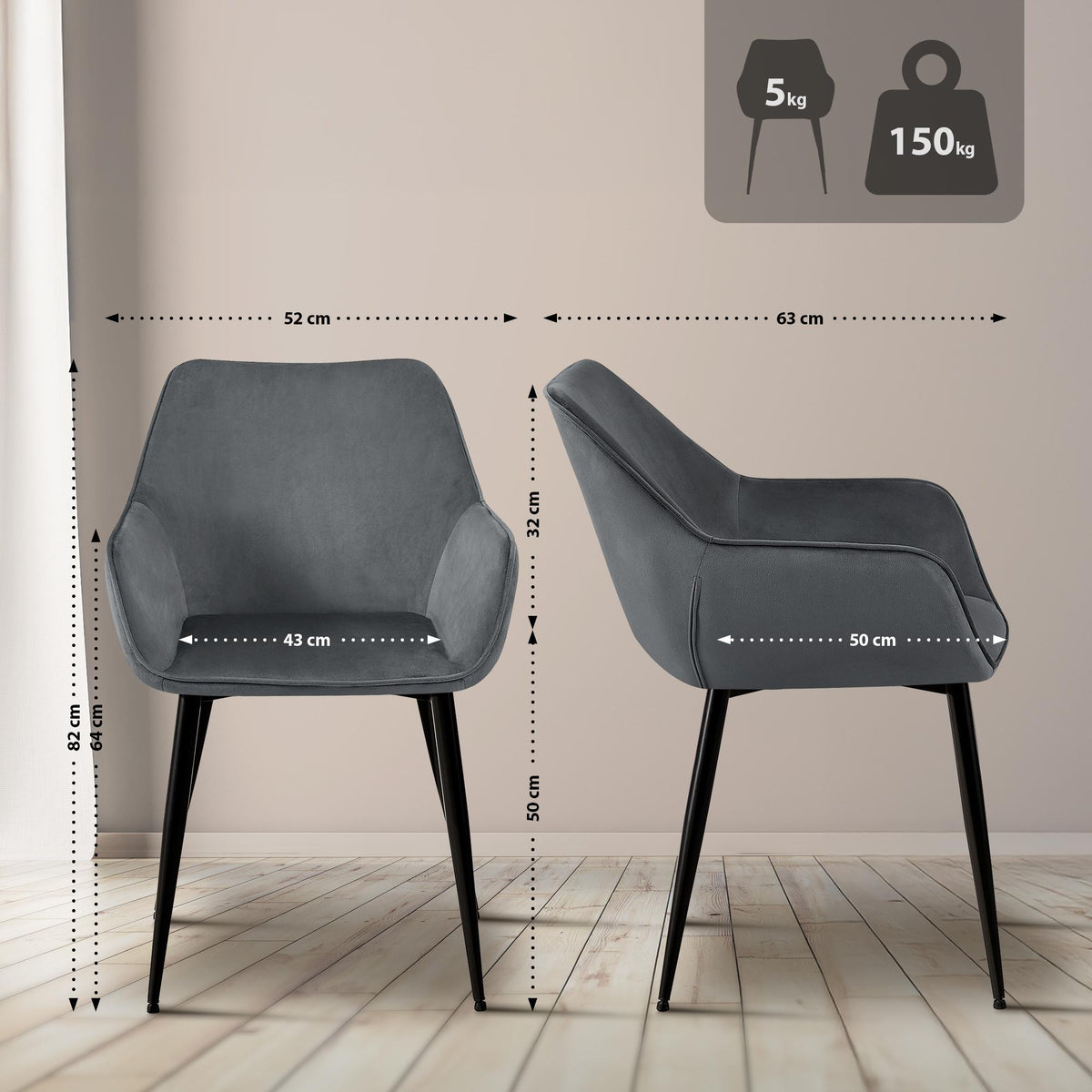 2er Set Esszimmerstuhl Luena Samt – Ansicht 9