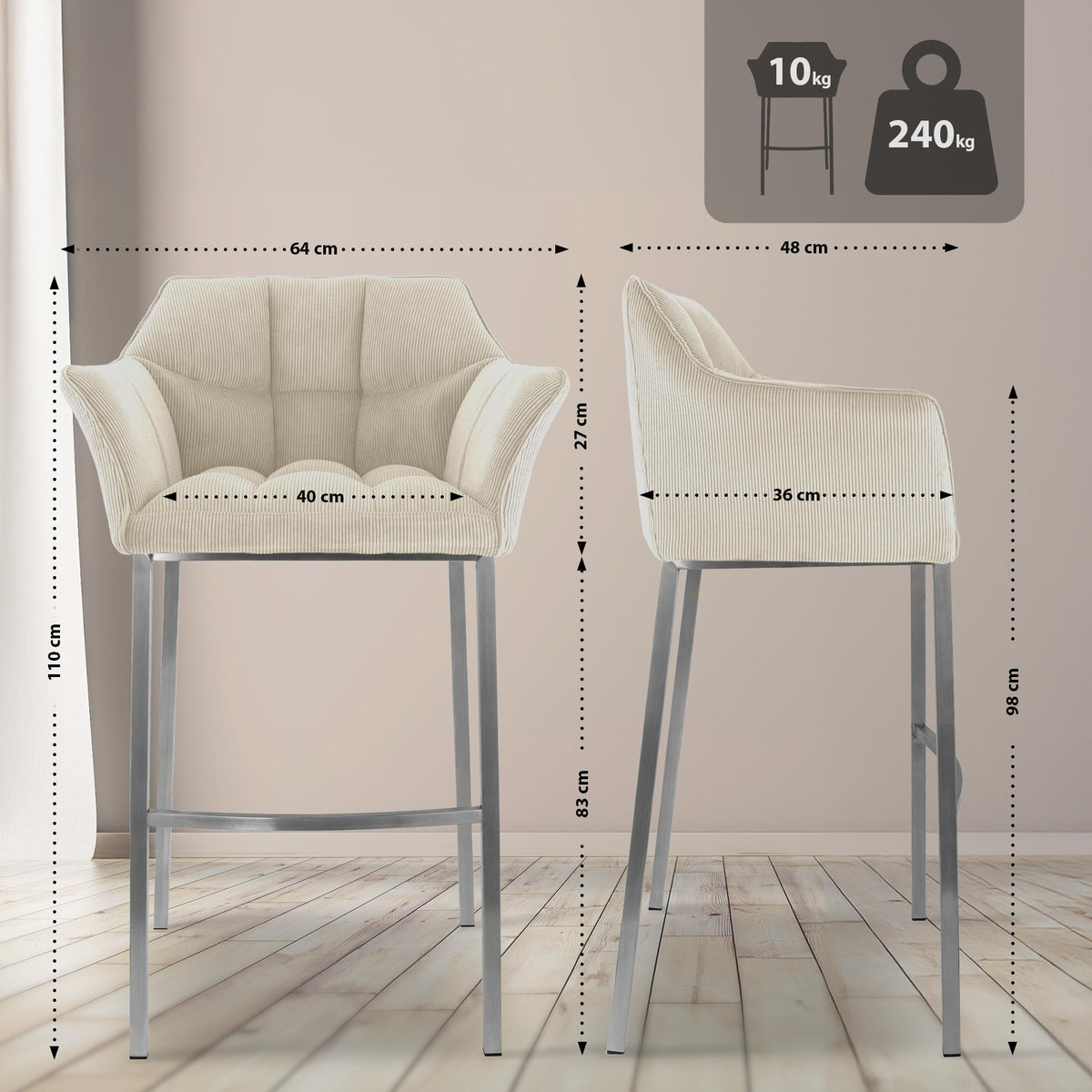 Barhocker Damaso E Cord mit 4-Fuß Gestell – Ansicht 2