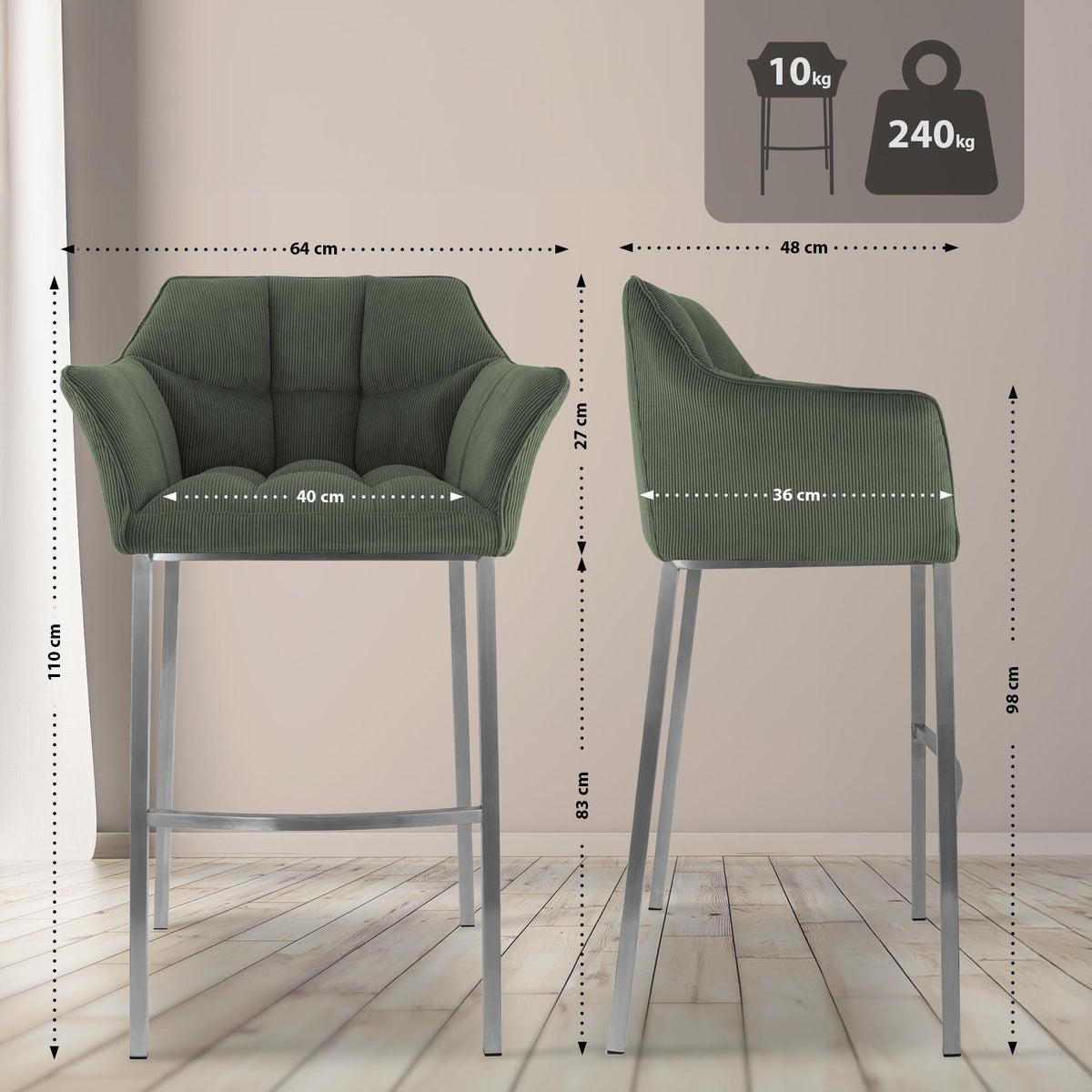 Barhocker Damaso E Cord mit 4-Fuß Gestell – Ansicht 16