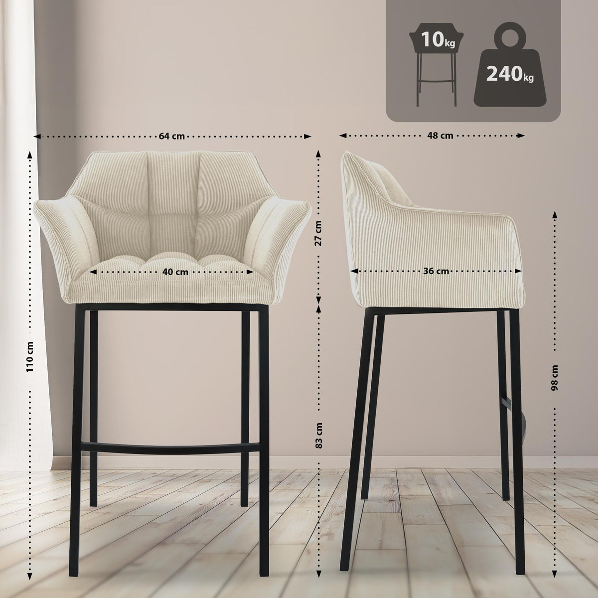 Barhocker Damaso B Cord mit 4-Fuß Gestell – Ansicht 2