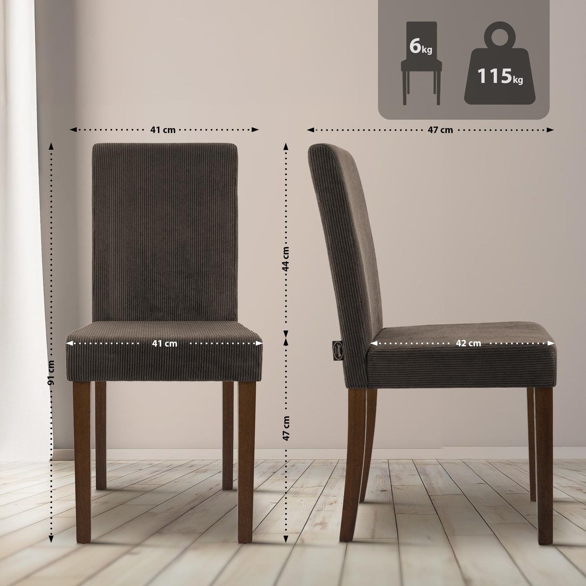2er Set Esszimmerstuhl Ina Cord antik dunkel – Ansicht 16