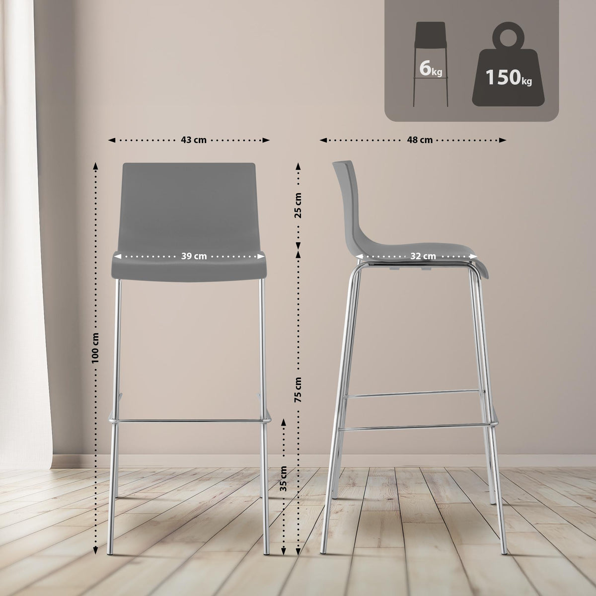 2er Set Barhocker Hoover Kunststoff 4-Fuß Gestell chrom – Ansicht 16